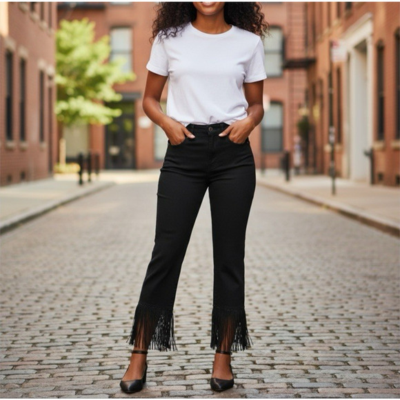 V Christina Black Jeans with Beaded Fringe Ankle Cropped Size 12 - Picture 1 of 9